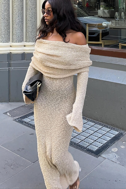 Elle Boucle off shoulder Maxi dress- Sand