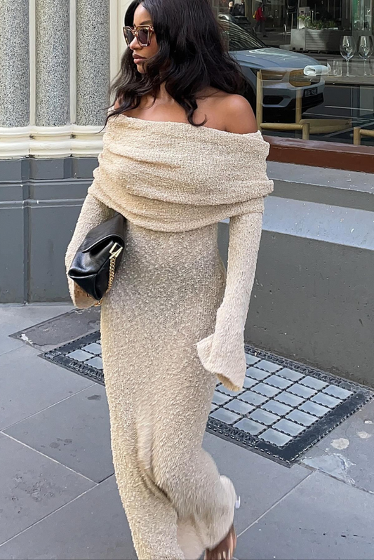 Elle Boucle off shoulder Maxi dress- Sand