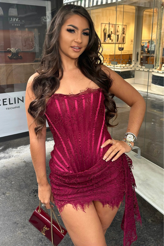 Emy Lace Corset Mini Dress- Wine