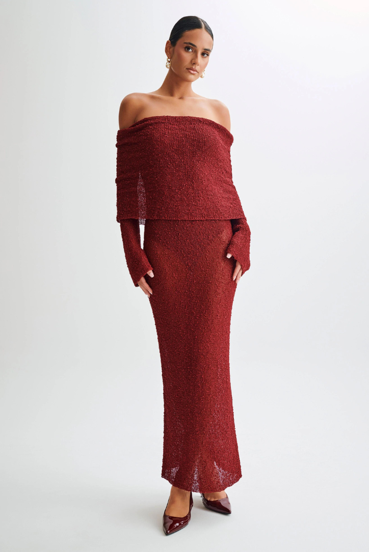 Elle Boucle off shoulder Maxi dress - Crimson
