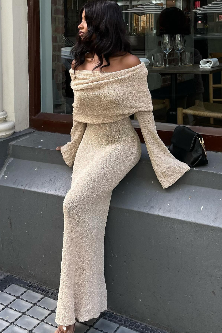 Elle Boucle off shoulder Maxi dress- Sand