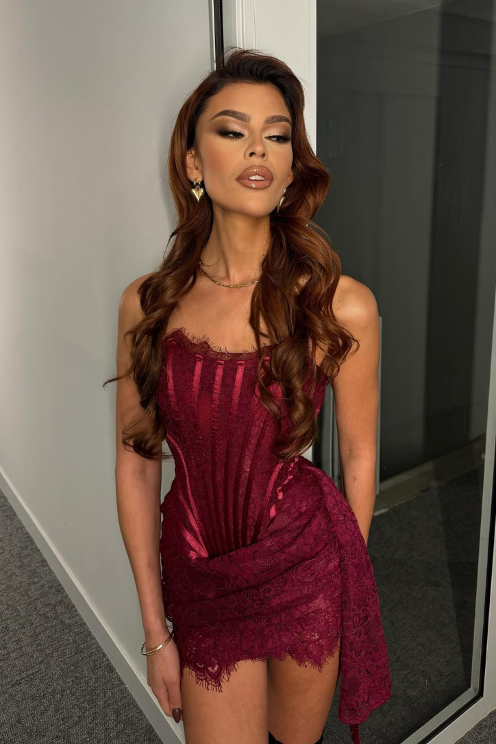 Emy Lace Corset Mini Dress- Wine