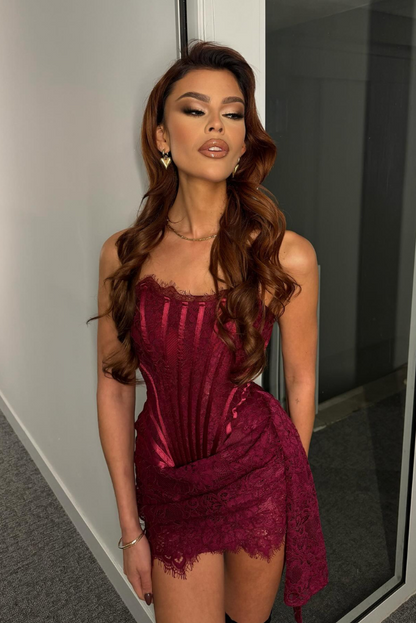 Emy Lace Corset Mini Dress- Wine