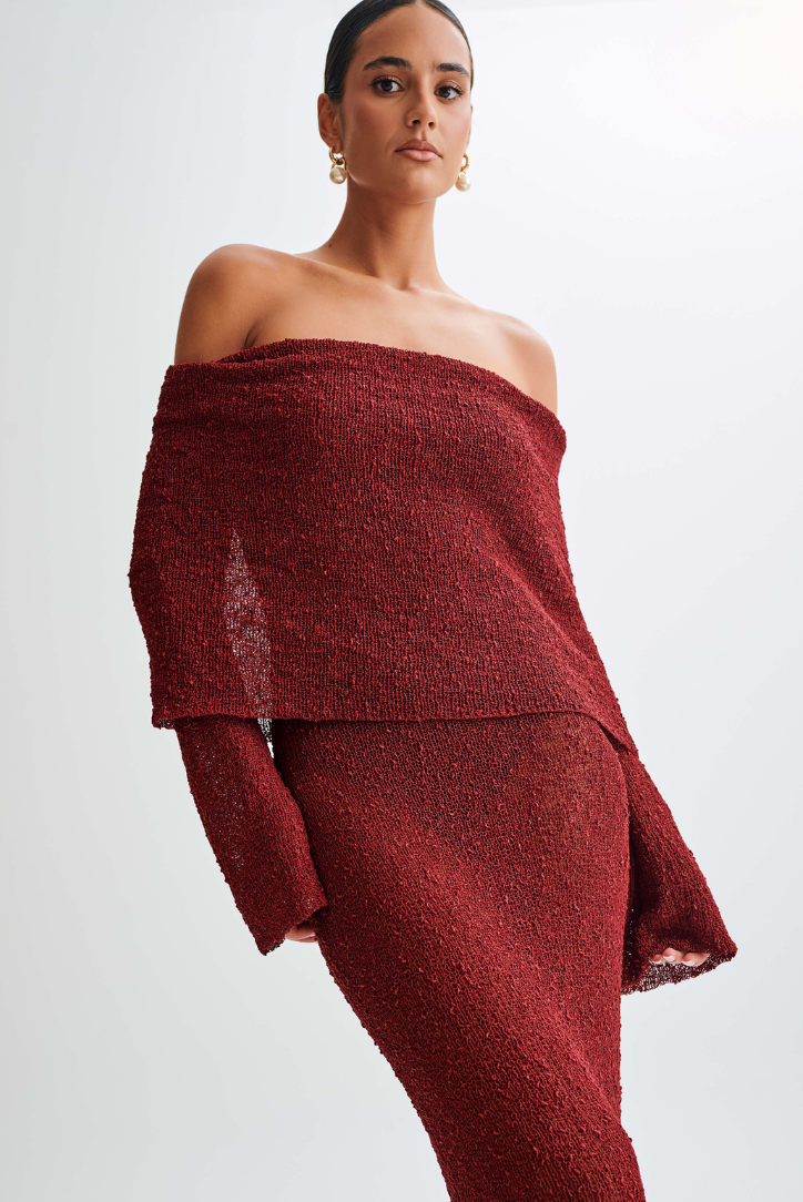 Elle Boucle off shoulder Maxi dress - Crimson