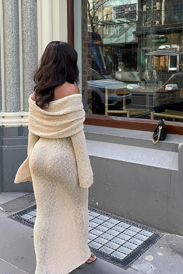 Elle Boucle off shoulder Maxi dress- Sand
