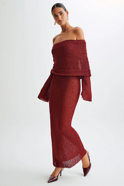 Elle Boucle off shoulder Maxi dress - Crimson