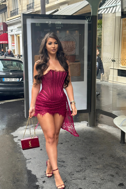 Emy Lace Corset Mini Dress- Wine