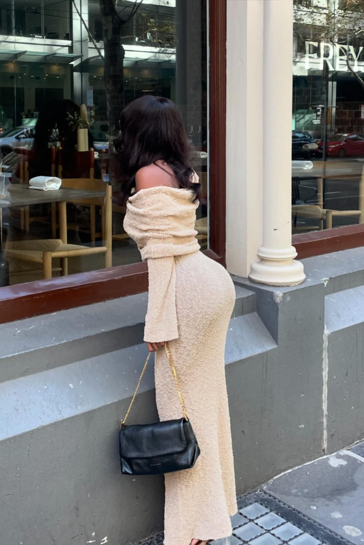 Elle Boucle off shoulder Maxi dress- Sand