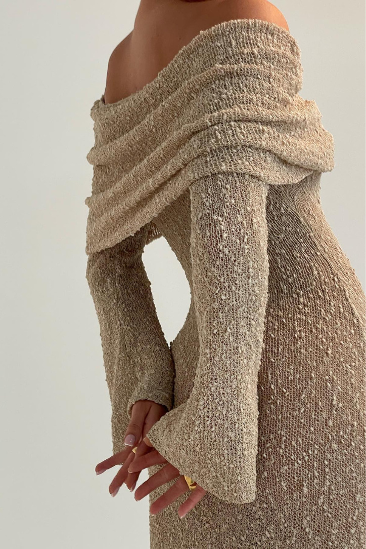 Elle Boucle off shoulder Maxi dress- Sand