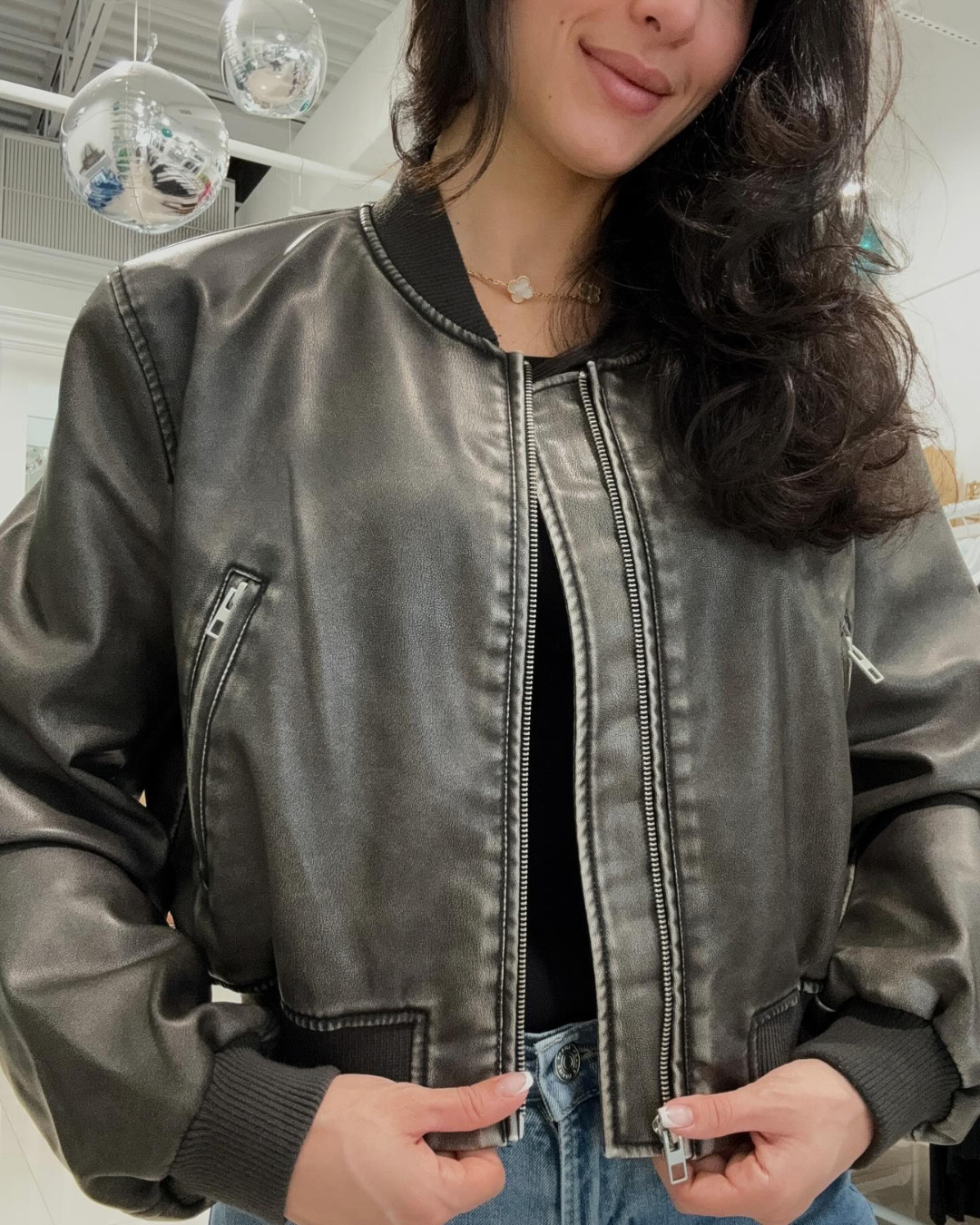 Mo Faux Leather Bomber Jacket